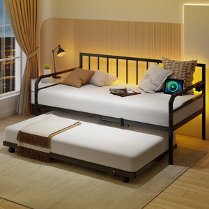 Adjustable Metal Twin Size Daybed with Charging Station and LED Light-Black view 5