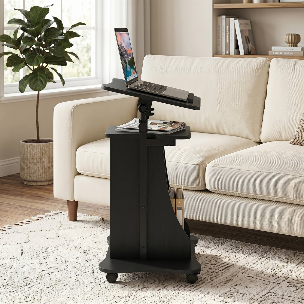Adjustable Mobile Standing Desk Cart with Tilt Desktop and Cabinet-Black view 2