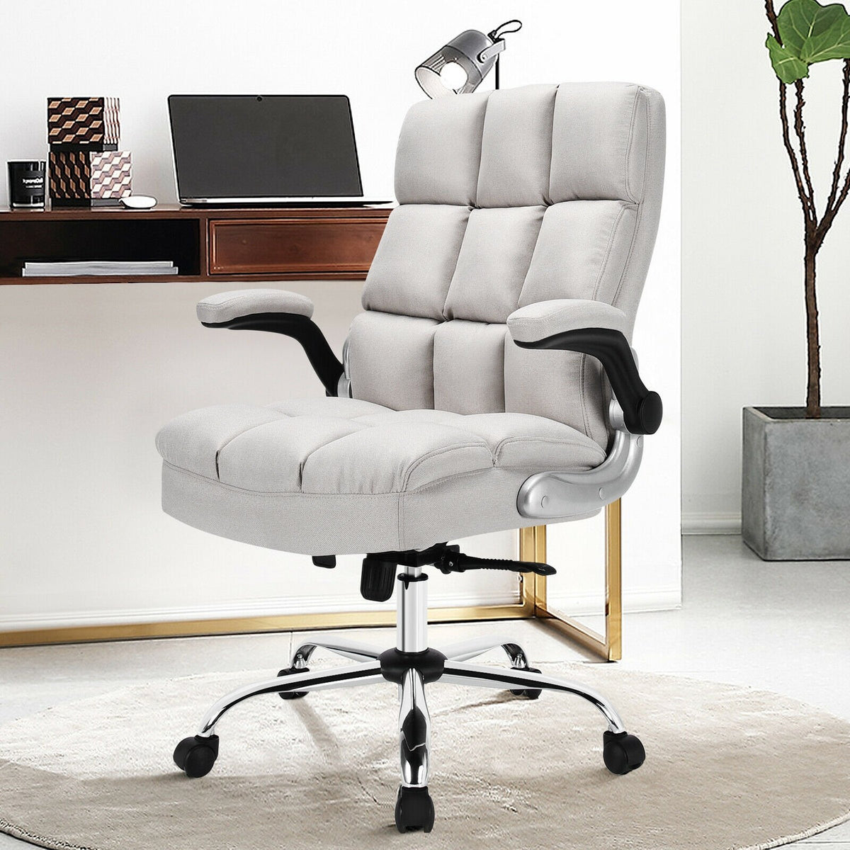 Adjustable Swivel Office Chair with High Back and Flip-up Arm for Home and Office-Beige view 2