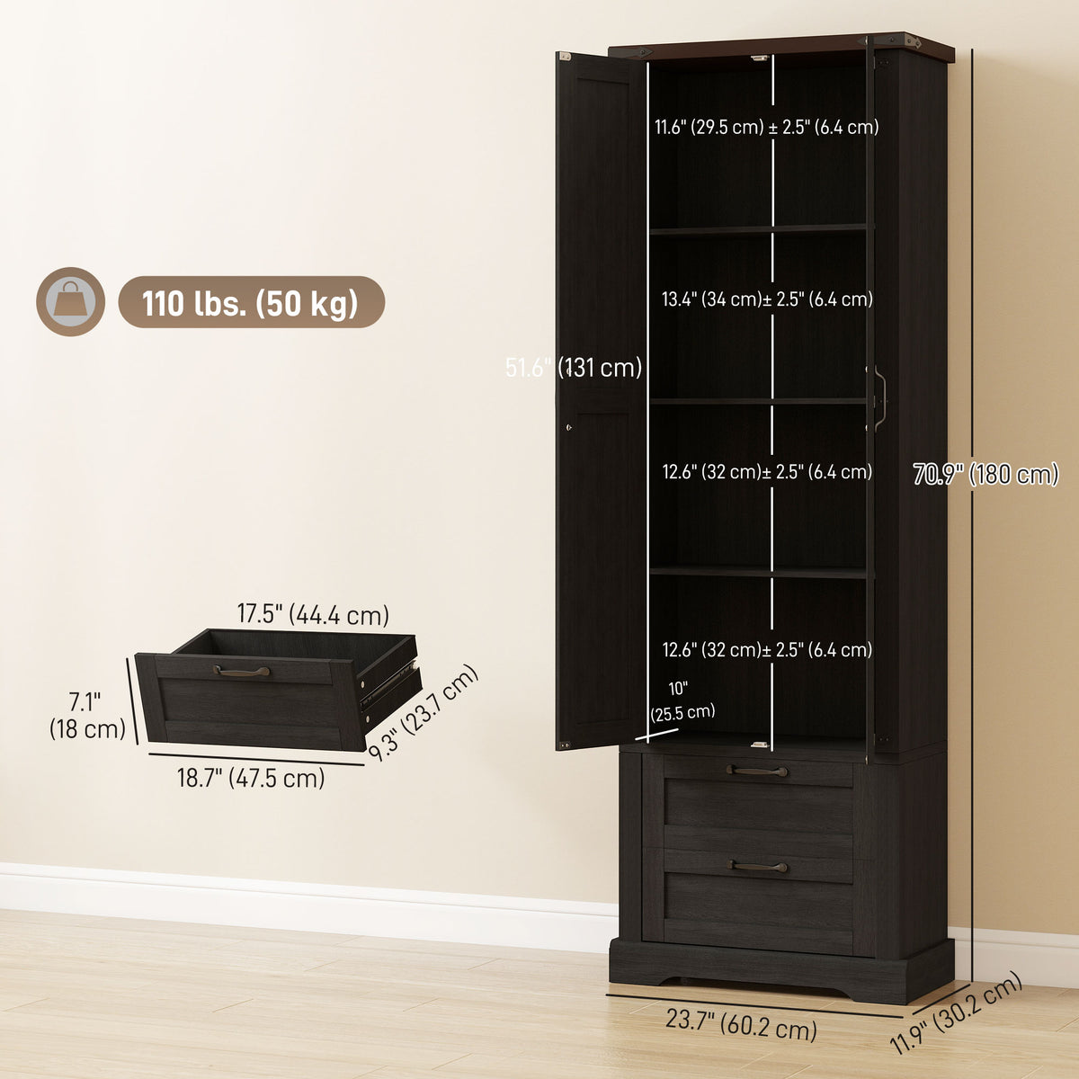 71" Tall Kitchen Pantry Cabinet, Farmhouse Kitchen Storage Cabinet with 2 Drawer and Adjustable Shelves – view 2