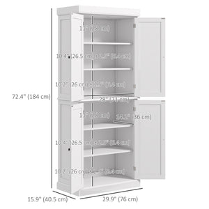 72.5" Freestanding Kitchen Pantry Cabinet with 4 Doors, White