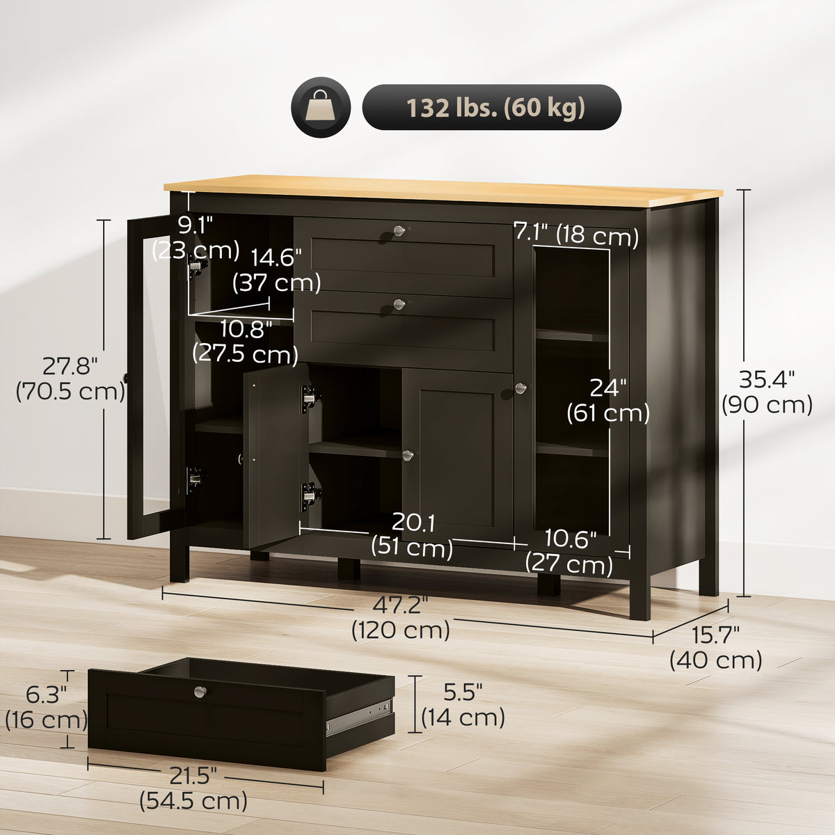 Buffet Cabinet Sideboard with 2 Drawers, 3 Storage Cabinets, Glass Doors and Adjustable Shelves, Dark Brown