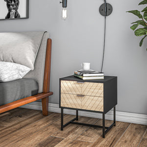 Modern Bedside Table with 2 Drawers and Steel Frame, Sofa Side Table for Bedroom Living Room, White and Oak