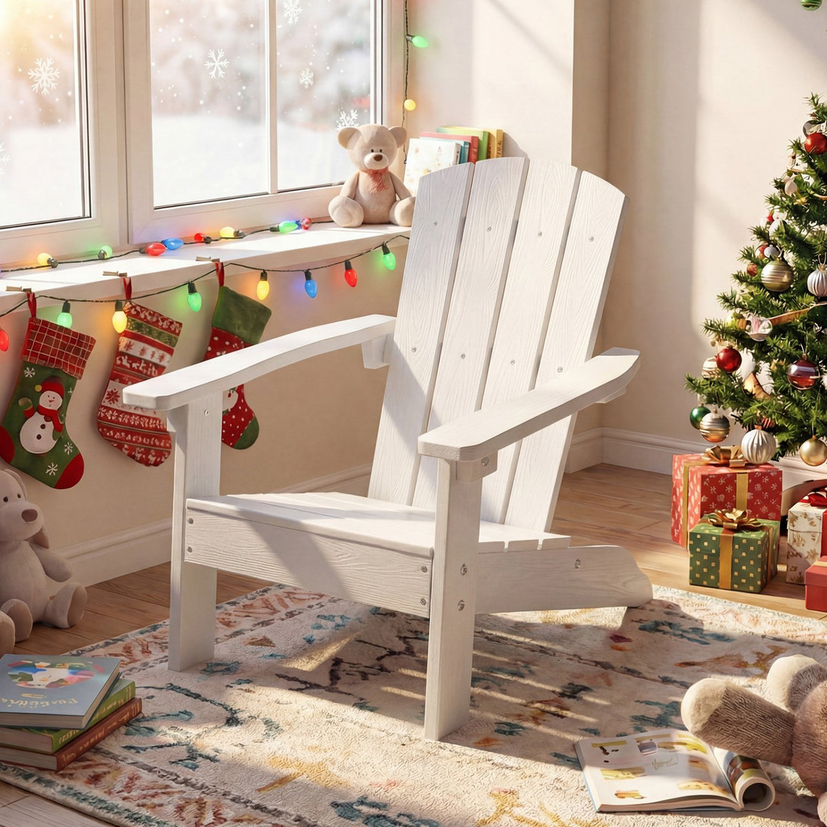 All-Weather HIPS Kid's Adirondack Chair with with High Backrest and Armrests-White view 2