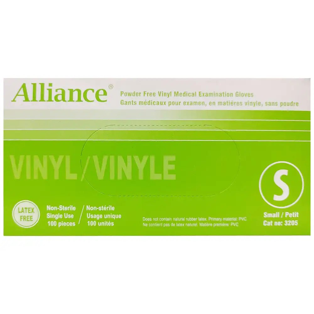 Alliance Vinyl Gloves, 100/Box, Powder-Free, S-XL