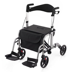 2-in-1 Adjustable Folding Handle Rollator Walker with Storage Space-Black