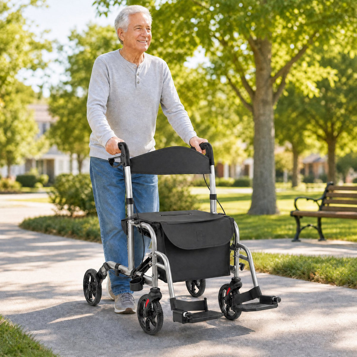 2-in-1 Adjustable Folding Handle Rollator Walker with Storage Space-Black view 2