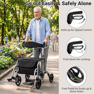 2-in-1 Adjustable Folding Handle Rollator Walker with Storage Space-Black view 6