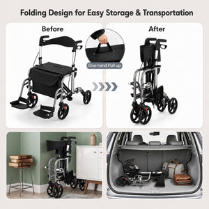 2-in-1 Adjustable Folding Handle Rollator Walker with Storage Space-Black view 9