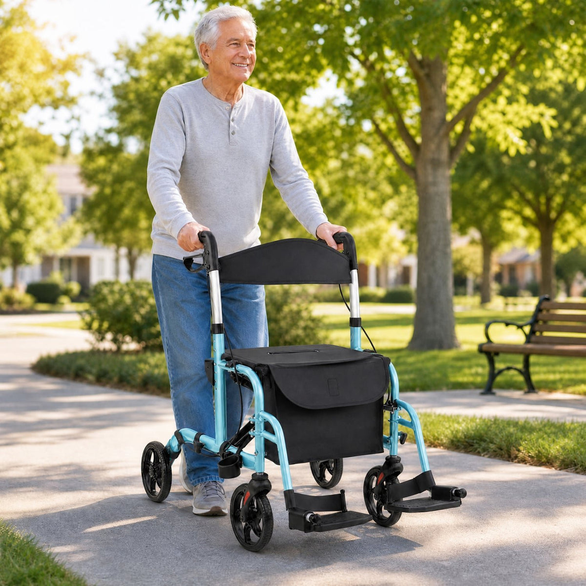 2-in-1 Adjustable Folding Handle Rollator Walker with Storage Space-Blue view 2