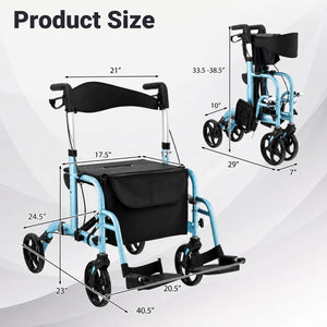 2-in-1 Adjustable Folding Handle Rollator Walker with Storage Space-Blue view 3