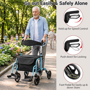 2-in-1 Adjustable Folding Handle Rollator Walker with Storage Space-Blue view 6