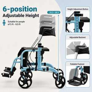 2-in-1 Adjustable Folding Handle Rollator Walker with Storage Space-Blue view 7