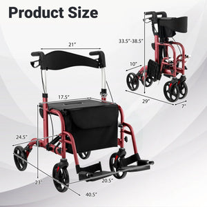 2-in-1 Adjustable Folding Handle Rollator Walker with Storage Space-Red view 3