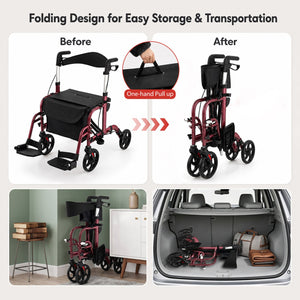 2-in-1 Adjustable Folding Handle Rollator Walker with Storage Space-Red view 9