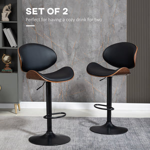 Bar Stools Set of 2, Modern PU Leather Adjustable Swivel Barstools with Curved Back, Footrest and Steel Base, Black