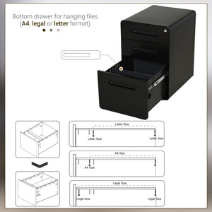 Lockable File Cabinet, Steel Filing Cabinet on Wheels for Legal, A4, Letter Size, Home Office