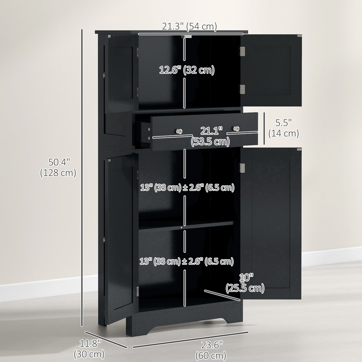 50.5" Kitchen Storage Cabinet, Modern Kitchen Pantry Cabinet with 4 Doors, Drawer, Adjustable Shelf, Black – view 2