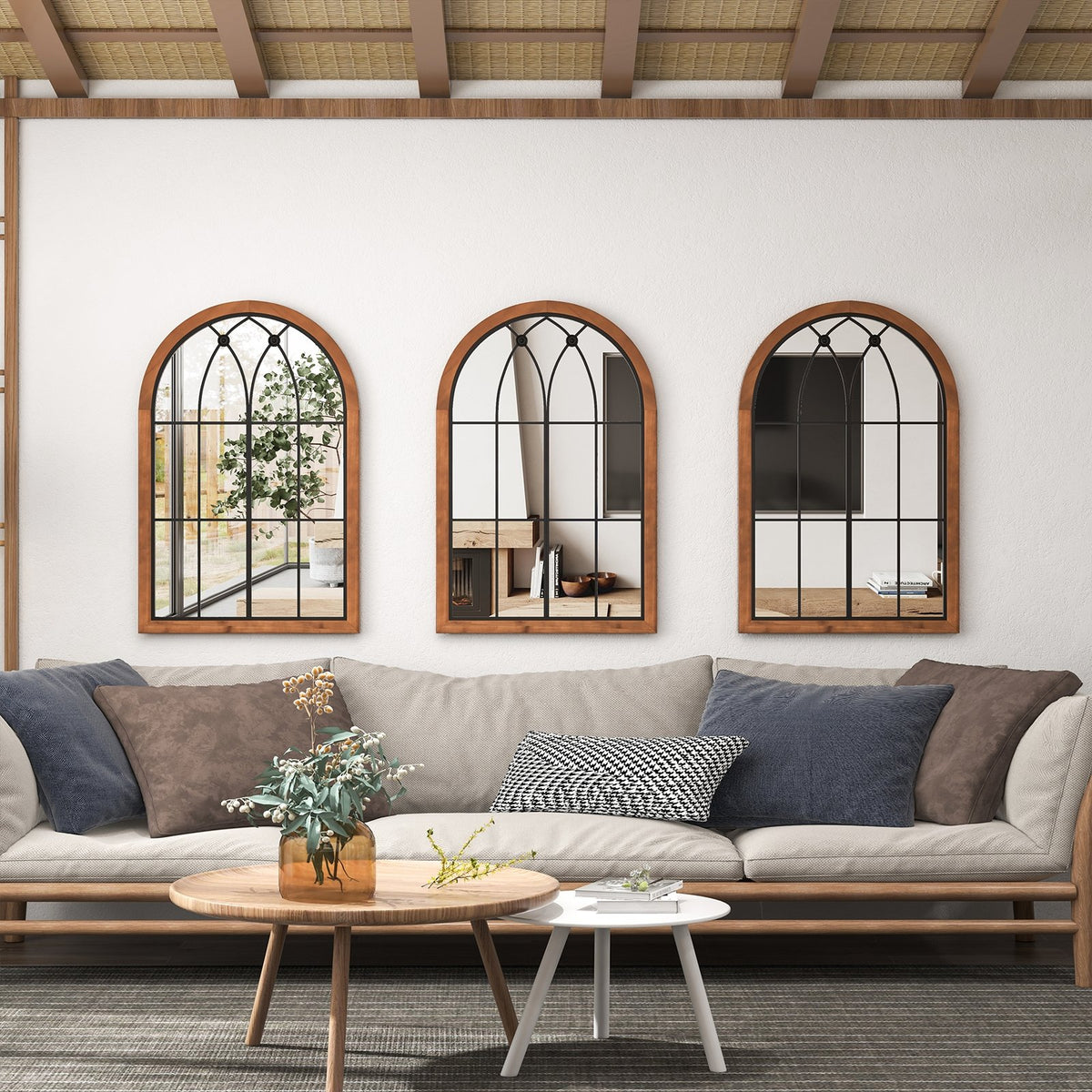 Arched Window Finished Mirror with Back Board-Natural view 2