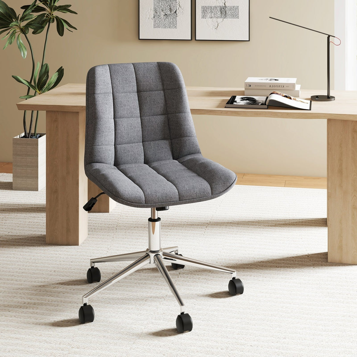 Armless Office Chair Upholstered Makeup Vanity Chair with Adjustable Height and Wheels-Grey view 2