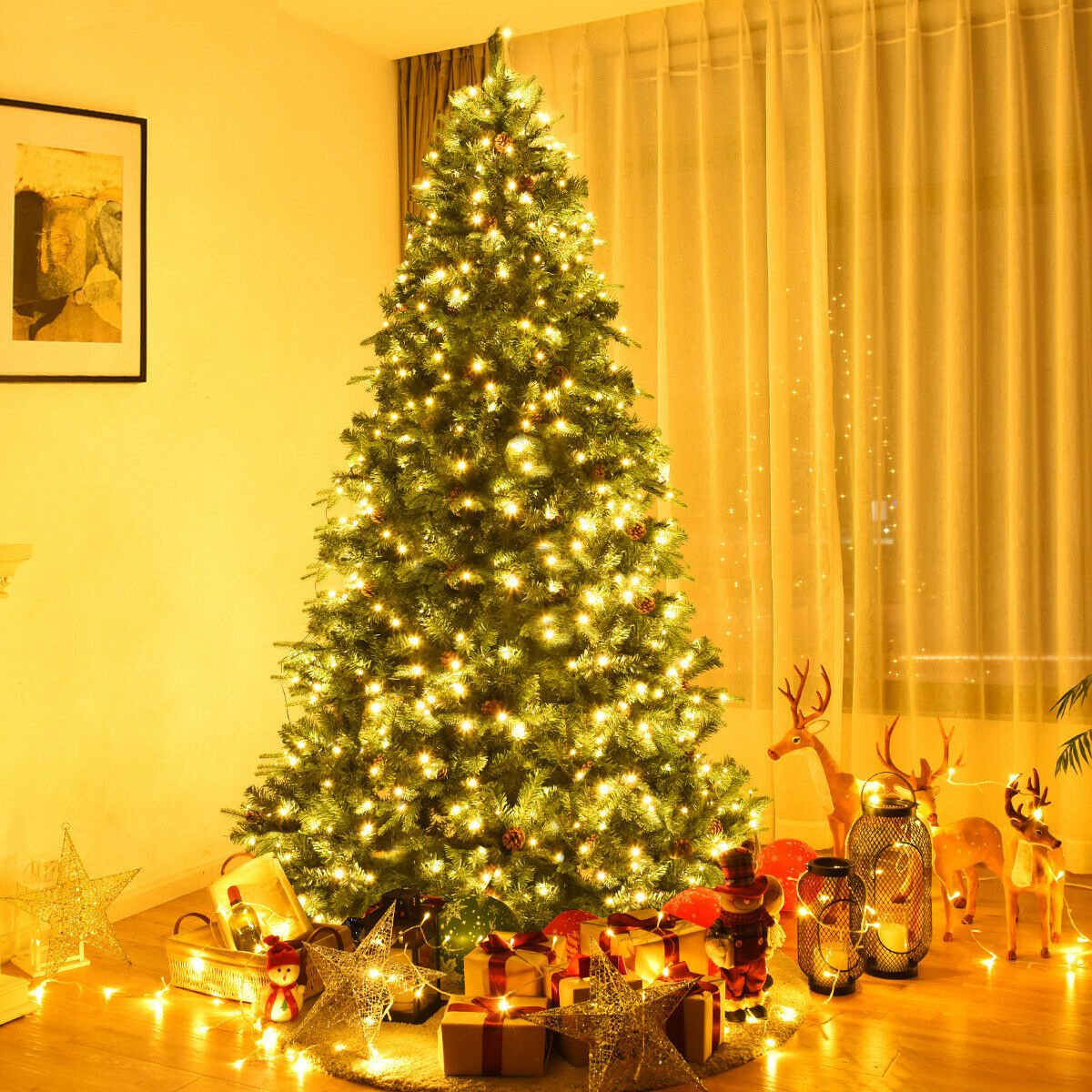 Flocked Artificial Christmas Tree with LED Lights and Pine Cones-8ft view 2