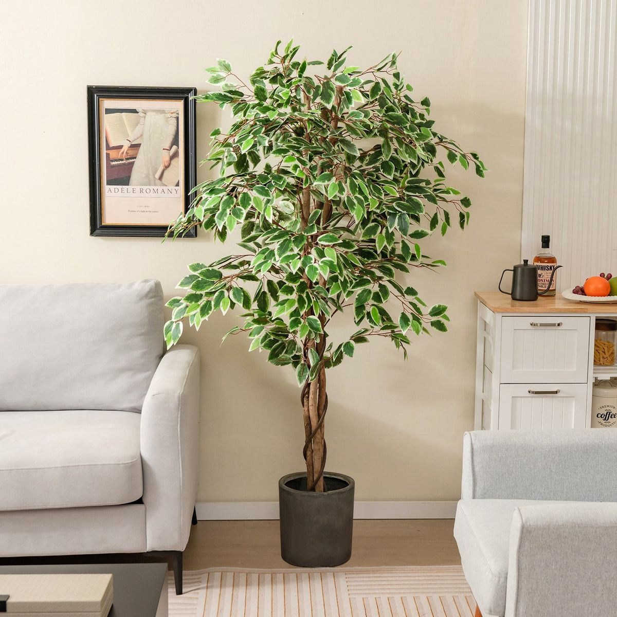 Artificial Ficus Tree Tall Faux Indoor Plant with 1008 Leaves Nursery Pot and Dried Moss view 2