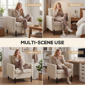 Accent Chair Modern Upholstered Armchair with Side Pockets and Cushion for Bedroom, Living Room, Beige – view 5