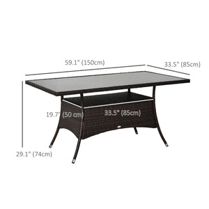 Garden Dining Table, Patio Rattan Dining Table with Glass Top, Storage Shelf for Yard, 59" x 34" x 29", Brown