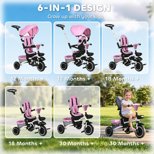 Aosom Tricycle for Toddler 6-in-1 Kids Trike, Foldable Converts Stroller to Baby Push Bike, Adjustable Backrest with Detachable Guardrail & Handle, Brake for 1-4 Years Old