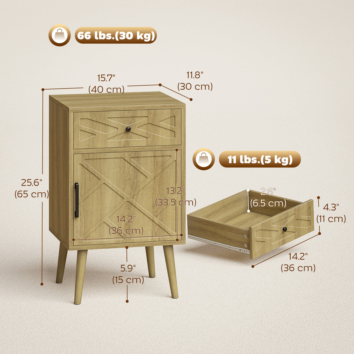 Nightstand Set of 2, Bedside Table Set with Drawer and Cabinet, Side End Table with Storage for Living Room, Oak