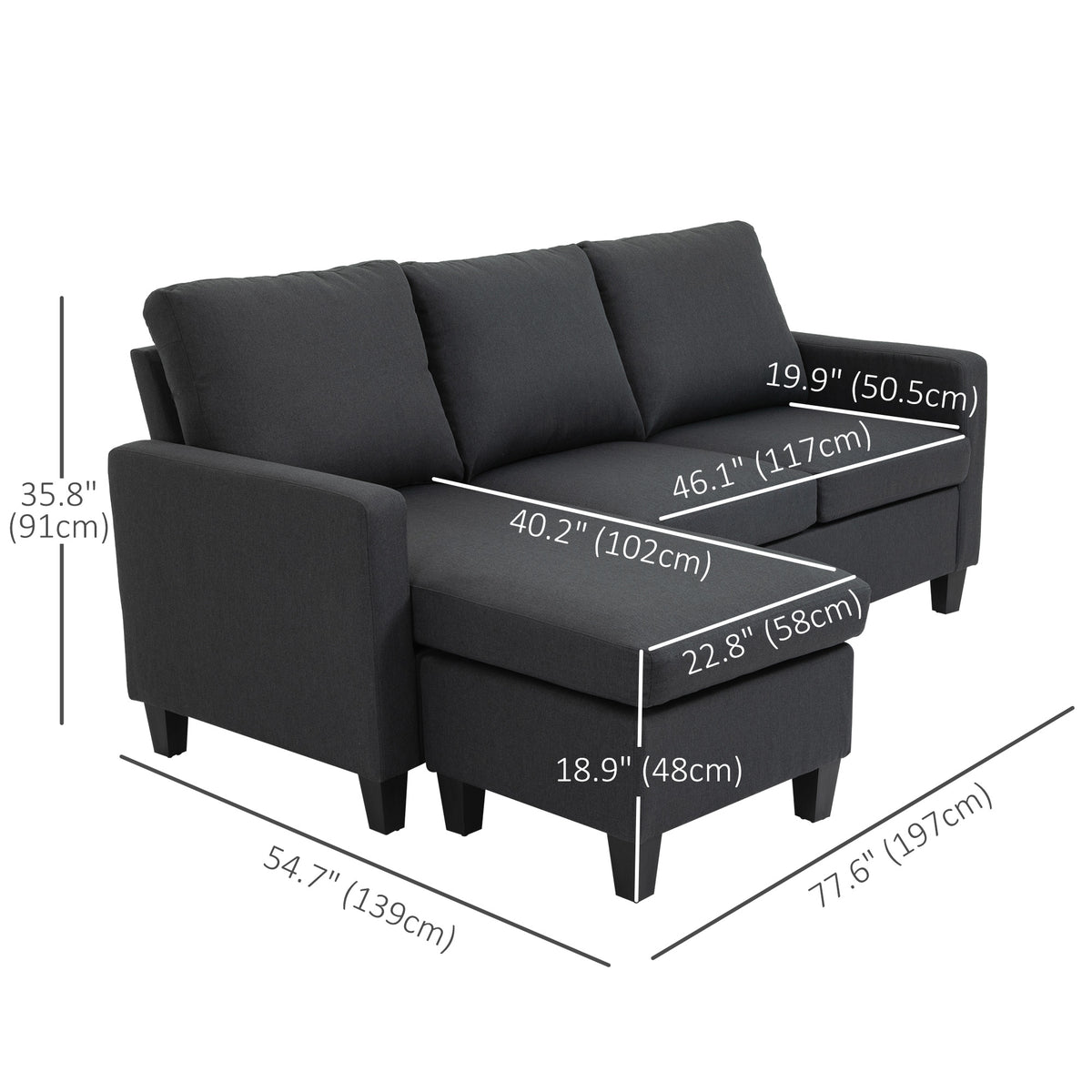 L-Shape Sofa, Modern Sectional Couch with Ottoman, Corner Sofa for Living Room, Dark Grey