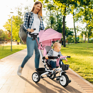 Qaba 6 in 1 Toddler Tricycle with Parent Push Handle, Canopy, Storage Baskets, Cupholder, Dark