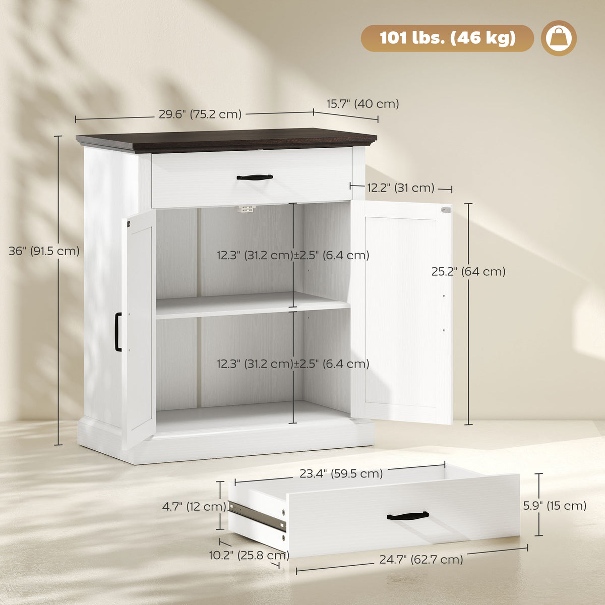 30" Buffet Cabinet, Farmhouse Sideboard with 1.2" Thick Top, 2 Barn Doors, Drawer and Adjustable Shelf – view 2