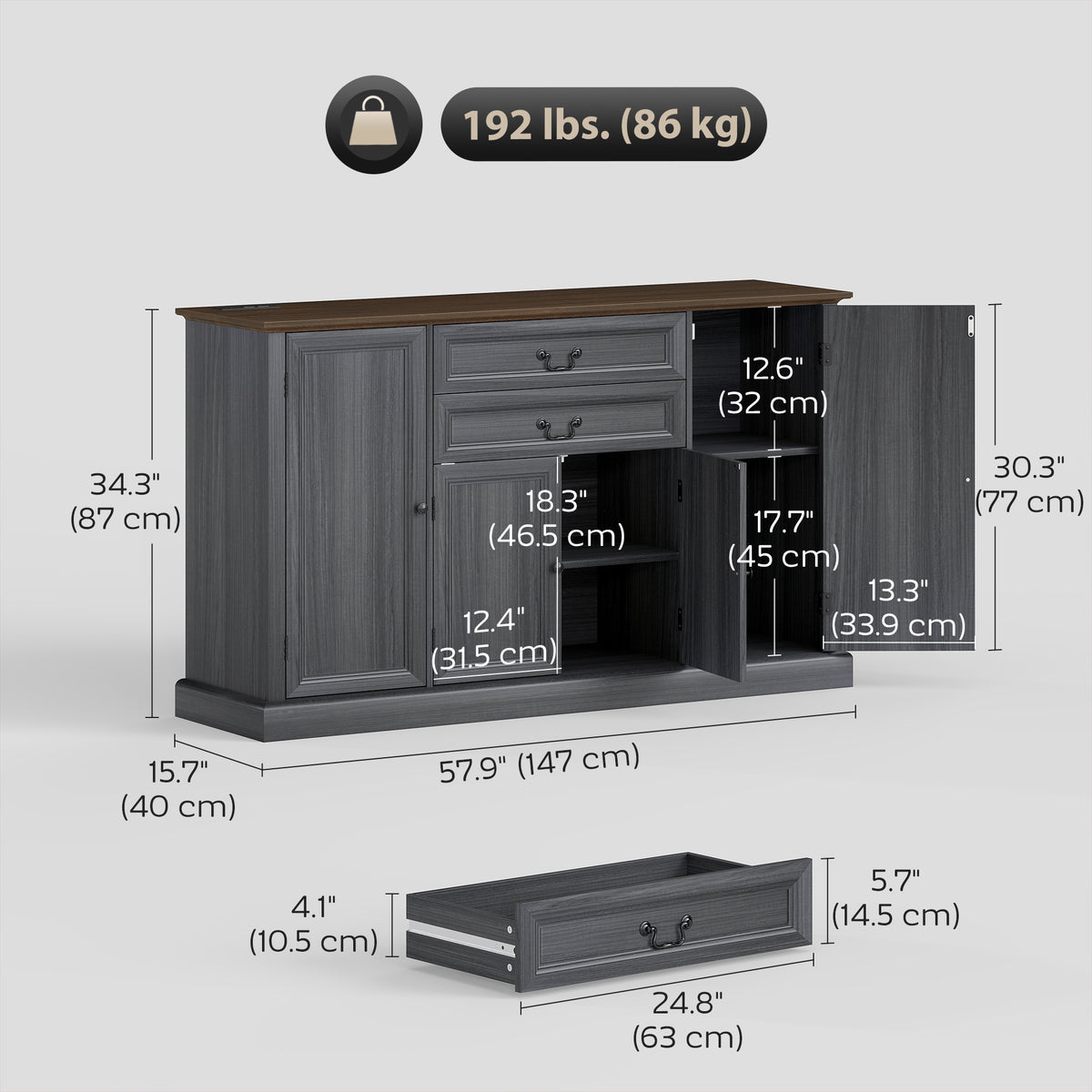 Farmhouse Sideboard with Charging Station and Thickened Top, 58" Buffet Cabinet with 2 Soft-Close Drawers, Black