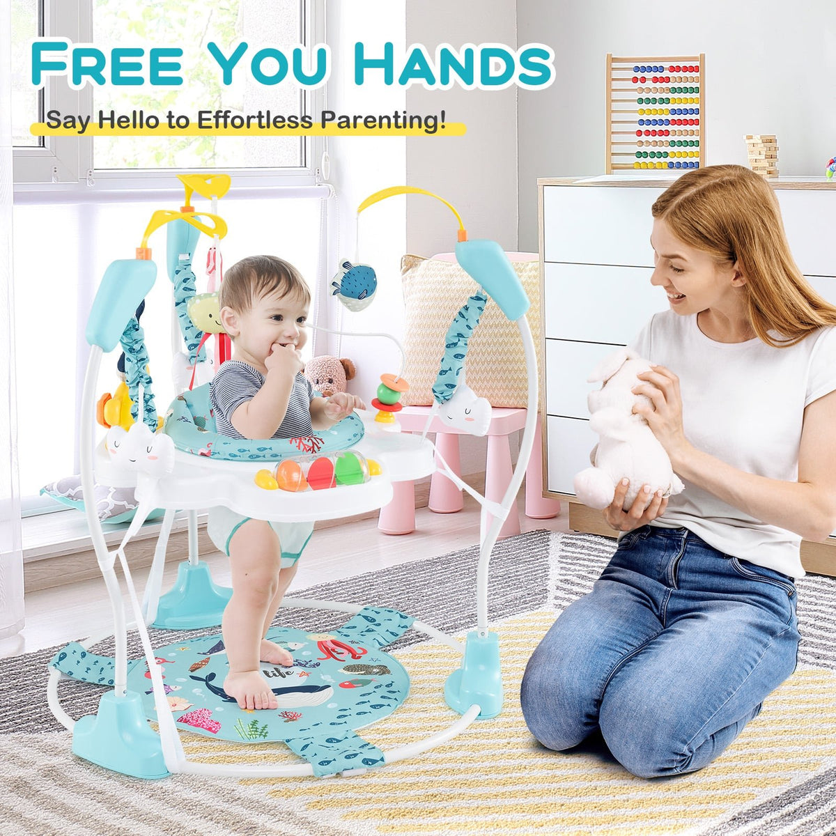 Baby Activity Center Height Adjustable Baby Bouncing Saucer with Interactive Toys-Light Blue view 2