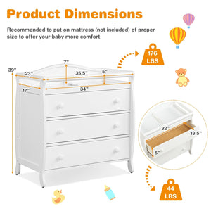Baby Changing Table Infant Diaper with 3 Drawers and Safety Belt-White view 4