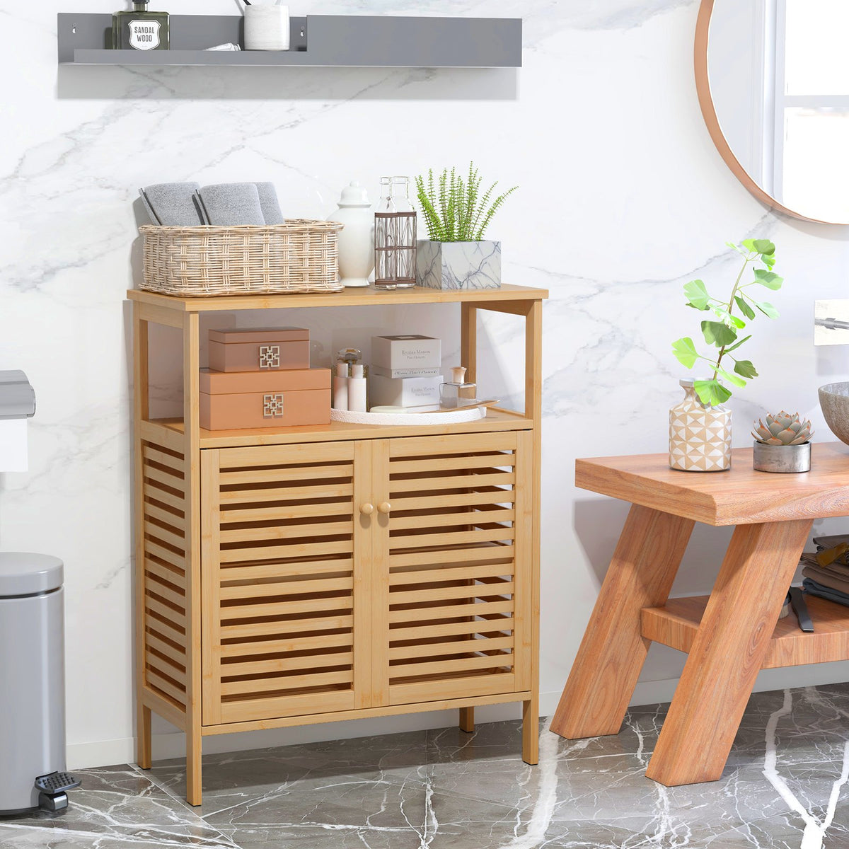 Bamboo Bathroom Floor Storage Cabinet with Shutter Doors-Natural view 2
