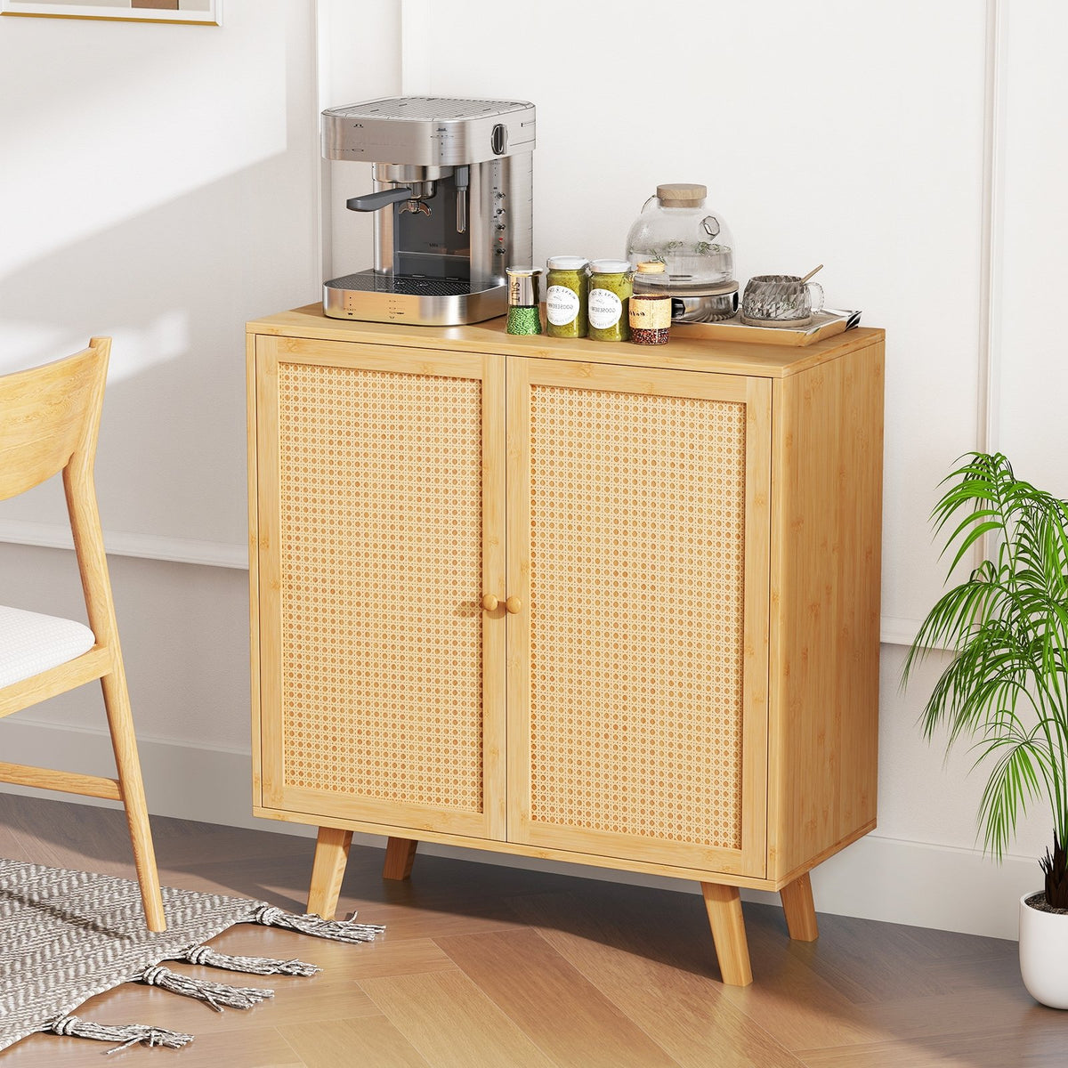 Bamboo Buffet Storage Cabinet with PE Rattan Doors and Freestanding Kitchen Cupboard-Natural view 2