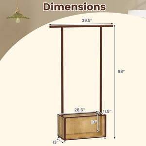 Bamboo Clothes Rack with Rattan Storage Basket and Wheels-Brown view 4