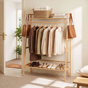 Bamboo Clothing Garment Rack Freestanding Open Wardrobe Organizer with Hanging Rod-Natural view 2