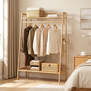 Bamboo Clothing Garment Rack Freestanding Open Wardrobe Organizer with Hanging Rod-Natural view 3