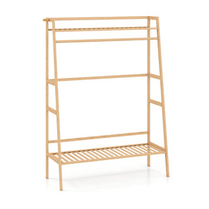 Bamboo Clothing Garment Rack Freestanding Open Wardrobe Organizer with Hanging Rod-Natural view 4
