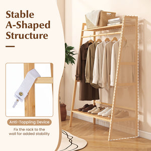 Bamboo Clothing Garment Rack Freestanding Open Wardrobe Organizer with Hanging Rod-Natural view 9
