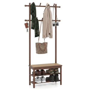 Bamboo Coat Rack PE Rattan Hall Tree with Bench and Shoe Storage 3-In-1 Entryway Bench-Brown