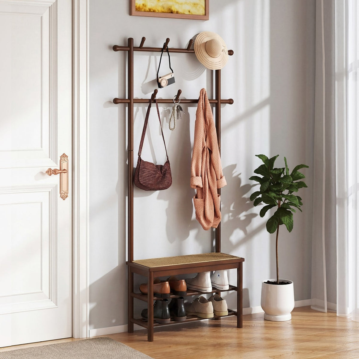 Bamboo Coat Rack PE Rattan Hall Tree with Bench and Shoe Storage 3-In-1 Entryway Bench-Brown view 2