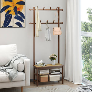 Bamboo Coat Rack PE Rattan Hall Tree with Bench and Shoe Storage 3-In-1 Entryway Bench-Brown view 7