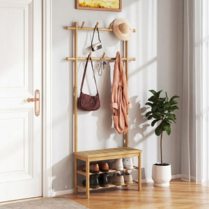 Bamboo Coat Rack PE Rattan Hall Tree with Bench and Shoe Storage 3-In-1 Entryway Bench-Natural view 2