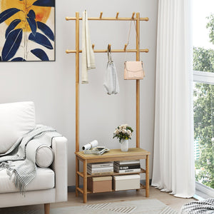 Bamboo Coat Rack PE Rattan Hall Tree with Bench and Shoe Storage 3-In-1 Entryway Bench-Natural view 7