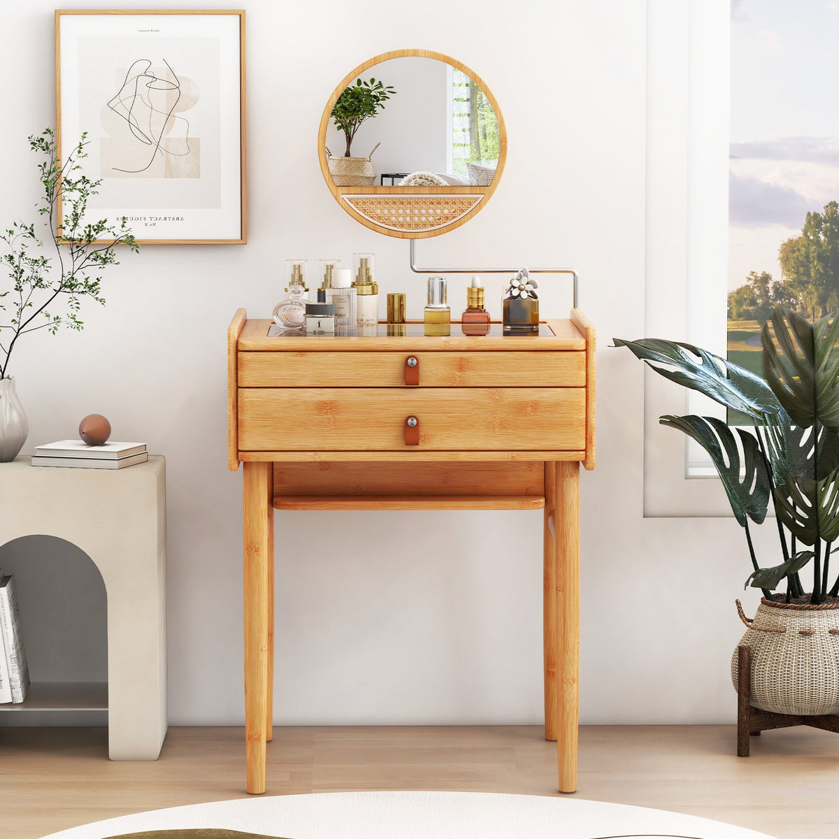 Bamboo Makeup Vanity Table with Mirror with 2 Storage Drawers-Natural view 2