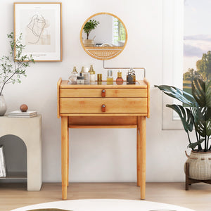Bamboo Makeup Vanity Table with Mirror with 2 Storage Drawers-Natural view 2